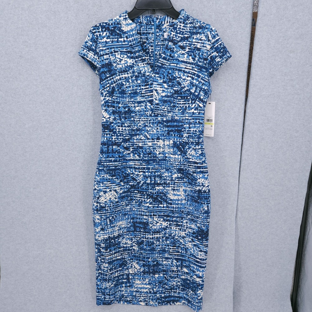 Calvin Klein Printed Short Sleeve Scuba Sheath Blue V Neck Dress Womens 4 NWT